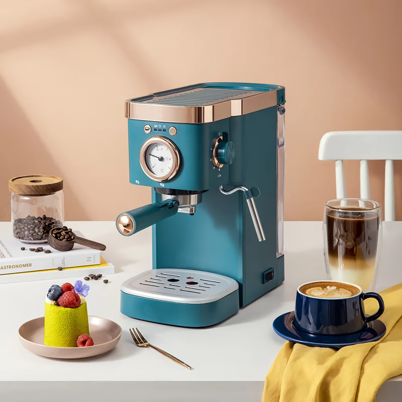 Sleek and modern semi-automatic espresso coffee maker featuring a steam milk frother, ideal for home brewing and specialty coffee drinks.